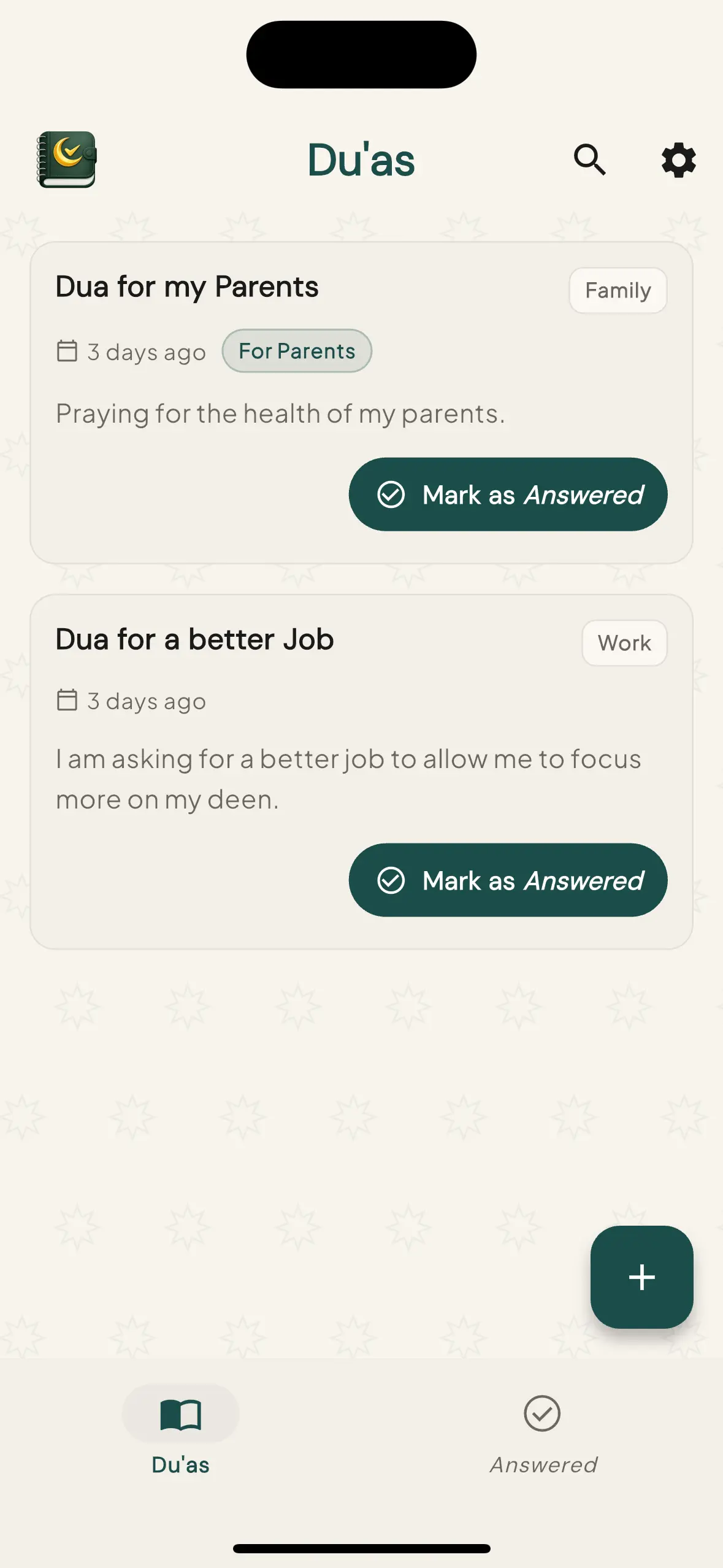 Du'as tab showing open du'a entries with status tags and mark as answered action.