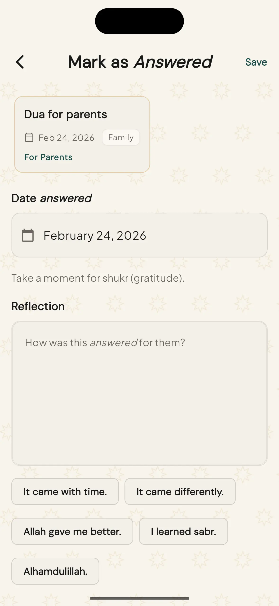 Mark as answered screen with answered date and reflection input options.