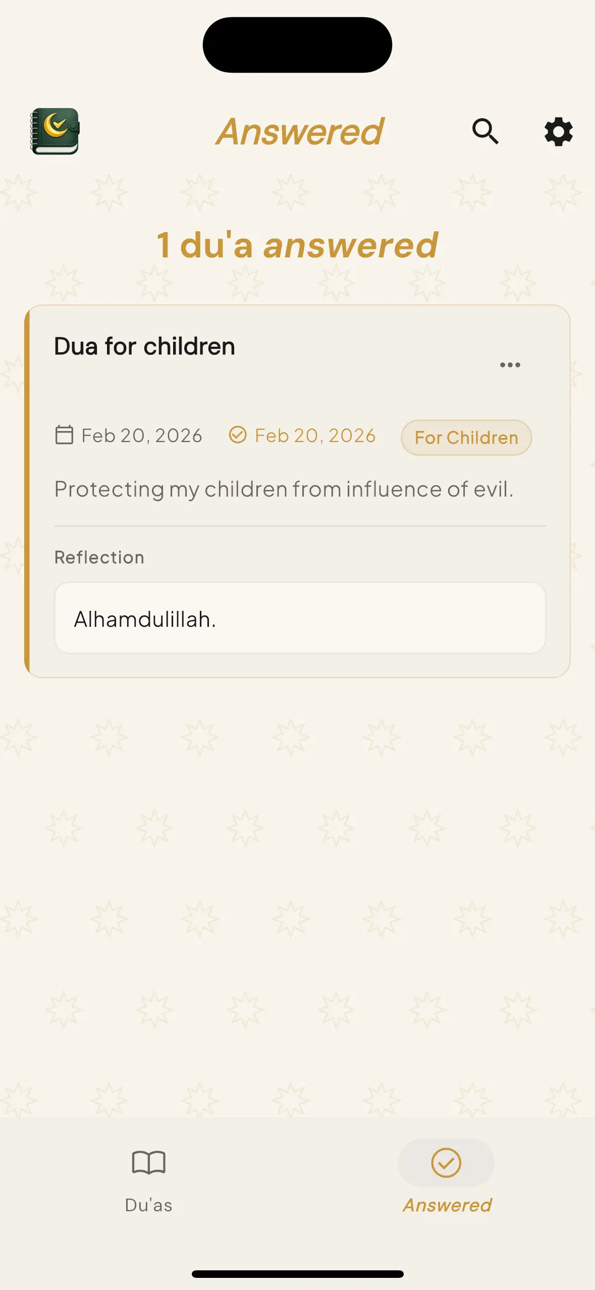 Answered tab listing answered du'as together with reflection notes.